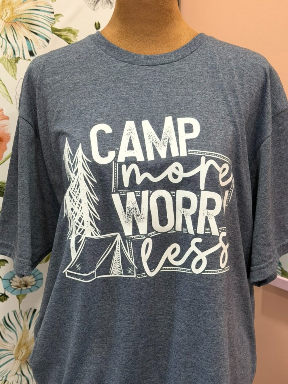 Bella + Canvas Camp More Worry Less Tee L • Blue Graphic Camping Shirt • Soft